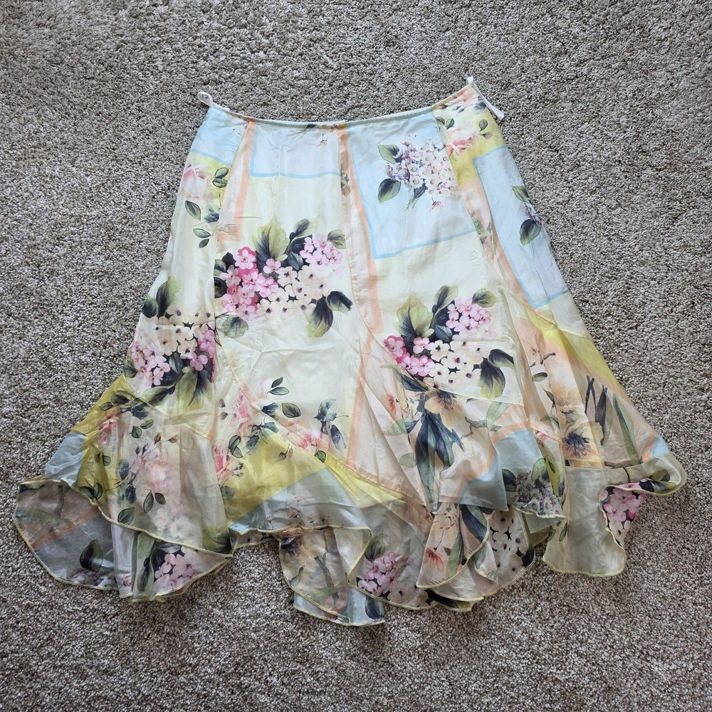VTG Stiletto Skirt Womens 8 White Floral Flare Knee Length Chiffon Lined Ruffle